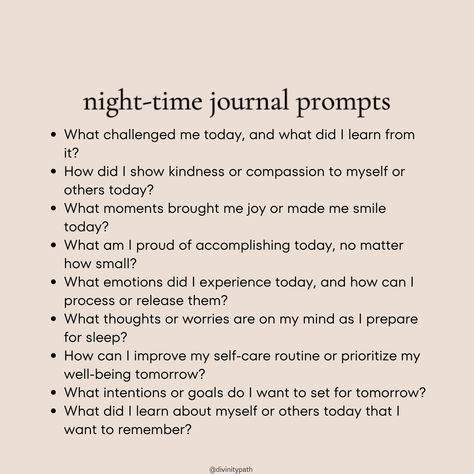 Unwind and reflect with these night time journal prompts! Perfect for cozying up before bed and letting your thoughts flow. Explore topics like gratitude, self-discovery, and goal-setting as you wind down for the night. Grab your favorite journal and pen, and get ready to dive deep into your innermost thoughts. #journalprompts #nighttime #selfreflection Night Time Reflection Journal, Daily Journal Prompts Night Time, Night Time Prompts, Night Gratitude Journal, Night Time Journal Prompts, Bujo Prompts, Night Time Journal, Nighttime Journal Prompts, Nightly Journal