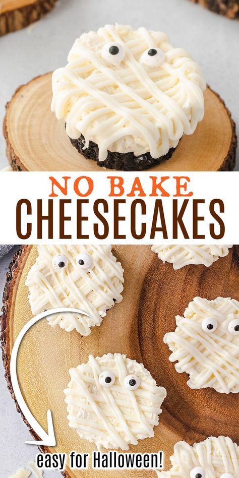 Mini No Bake Cheesecakes might just be the easiest cheesecake recipe ever. Combine a few simple ingredients in a homemade Oreo crust and you’ll have the perfect creamy, sweet miniature cheesecakes to impress your dinner guests. Make them mummy topped for Halloween! No Bake Cheesecakes, Miniature Cheesecakes, Mini No Bake Cheesecake, Vanilla Cheesecake Recipes, Halloween Cheesecake, Mini Cheesecake Recipes, Baked Cheesecake Recipe, Oreo Crust, Holiday Eating