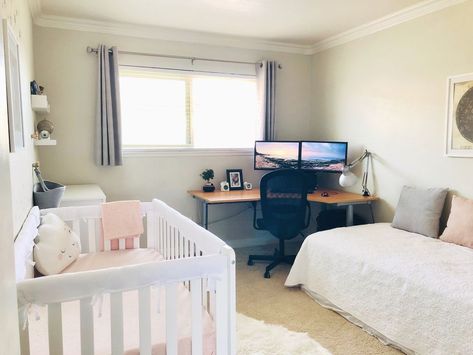 Our tiny nursery/office/guest room. Those without a designated nursery - share your combo space here! - October 2019 Babies | Forums | What to Expect Baby Room And Office Combo, Office And Nursery Combo, Office Nursery Combo, Nursery Office Combo, Nursery Guest Room Combo, Bedroom Office Combo, Guest Room Office Combo, Tiny Nursery, Nursery Guest Room