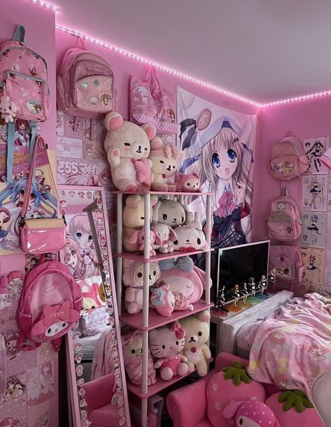 creds to #sgwrbunni on tiktok (pic found by emi) #room #cutecore #bedroom #kawaii #aesthetic #cute #roomdecor #decor Pink Kawaii Room Aesthetic, Cute Core Room Decor, Gothic Kawaii Room, Cutecore Bedroom Ideas, Kawaii Apartment Aesthetic, Yami Kawaii Room, Room Ideas Kawaii, Kawaii Pink Room, Otaku Room Ideas Bedrooms