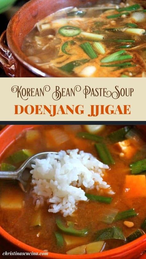 Doenjang Jjigae, also known as Korean Bean Paste Soup is such a healthy, nutritious, spicy, tasty and comforting dish. If you can get your hands on bean paste, put this on your menu asap. Korean Bean Paste Soup, Soy Bean Paste Soup Korean, Korean Bean Sprout Soup, Soy Bean Paste Recipes, Bean Sprout Soup, Doenjang Jjigae, Soup Meals, Recipes Using Beans, Veg Soup Recipes