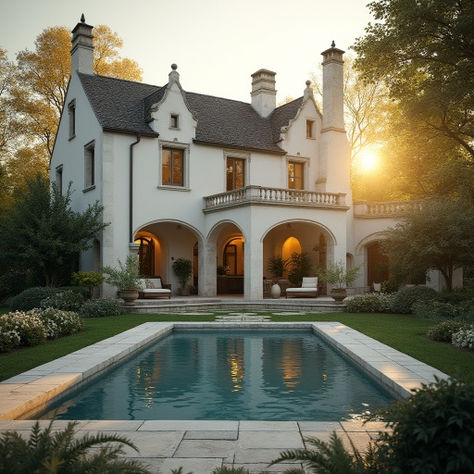 french tudor house with white walls, arched windows, a garden, pool, and beaming sunlight Tudor Home Backyard, Modern French House Design, House With White Walls, Modern French House, French House Design, French Tudor, House Design Exterior, Tudor House, Arched Windows