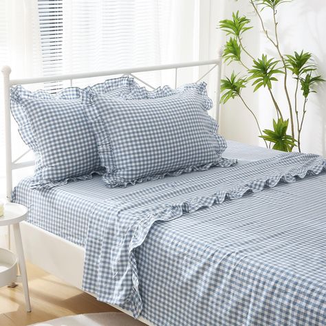 PRICES MAY VARY. 【4-piece Set Cotton Sheets Queen Size Includes】Top sheet 90"x102" with single side ruffle hem, fitted sheet 60"x80"+18'' deep pocket, 2 pcs envelope closure ruffle pillow shams 20"x30" - offers luxurious-feeling bedding at an affordable price. 【Premium Washed Cotton】Yarn dyed cotton fabric with stone-washed process, makes these sheets ultra soft and breathable to use. Fade-resistant, pill-resistant and shrink-resistant. Thinner but durable fabric will let us sleep better and com Gingham Sheets, Ruffle Pillow, Blue Sheets, King Sheets, Queen Sheets, Big Girl Rooms, Blue Bedding, Cotton Sheets, Bed Decor