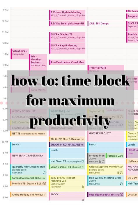 Read more about how to stay productive & how effectively adapt time blocking your calendar each week! Organize Outlook Calendar, Time Blocking Work Schedule, Time Blocking Apple Calendar, Outlook Calendar Color Scheme, Time Blocking With Outlook, Business Office Organization Ideas, Organization Work Productivity, Realtor Time Blocking, Time Blocking Tips