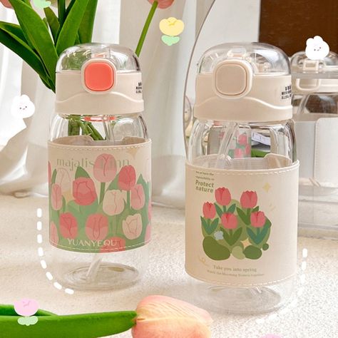 00s Mode, Cute Water Bottles, Tea Milk, Reusable Bottle, Spring Tulips, Cover Style, Kids Water Bottle, Glass Water Bottle, Water Bottle With Straw