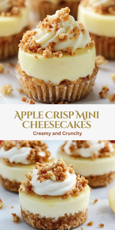 For a holiday celebration or a casual family dessert, these mini cheesecakes are sure to impress and satisfy!  Ingredients Crust: 1 cup graham cracker crumbs 3 tbsp sugar 4 tbsp melted butter Cheesecake Filling: 16 oz cream cheese (softened) 1/2 cup sugar 2 tsp vanilla extract 2 eggs Apple Topping: 2 apples (peeled, chopped) 2 tbsp sugar 1/2 tsp cinnamon 1/8 tsp nutmeg 1 tbsp butter 1 tbsp flour Crisp Topping: 1/4 cup flour 1/4 cup oats 1/4 cup brown sugar 1/2 tsp cinnamon 2 tbsp softened butter Apple Pie Mini Cheesecake, Premade Cheesecake Filling Recipes, Apple Cream Cheese Dessert, Apple Pie Cheesecake Bites, Apple Crisp Mini Cheesecake, Mini Apple Pie Cheesecake, Apple Crisp Mini, Mini Apple Cheesecake, Apple Topping