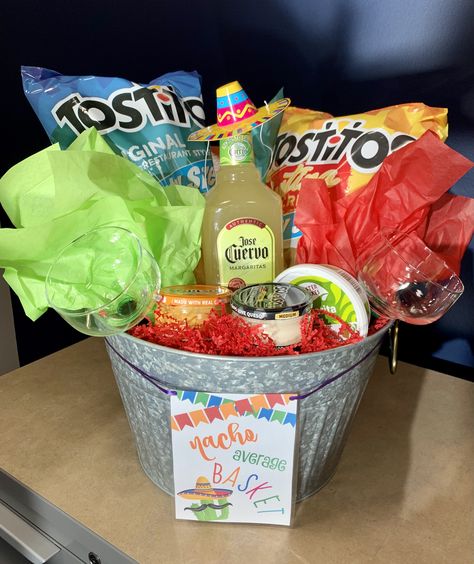 Cheap Fundraiser Basket Ideas, Gift Basket Ideas Inexpensive, Drinking Basket Ideas, Office Basket Gift Ideas, Easy Basket Raffle Ideas, Gift Basket Fundraiser, Entertainment Basket Ideas, Nacho Gift Basket, Nacho Basket Gift Ideas