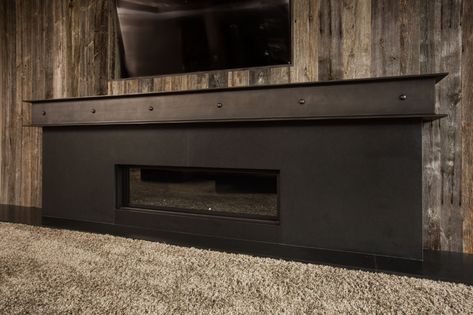 Modern Fireplace Mantles, Fireplace Mantels Ideas, Modern Mantle, Stone Mantle, Beam Mantel, Metal Fireplace, Metal Beam, Fireplace Beam, Stone Facade