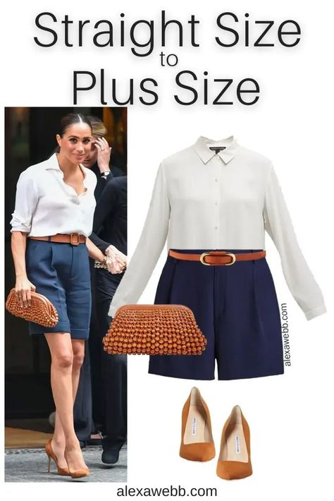 Straight Size to Plus Size – Meghan Markle Shorts - A Meghan Markle outfit remade with plus size clothes for summer with navy shorts and a silk shirt. Alexa Webb Meghan Markle Outfit, Navy Shorts Outfit, Bermuda Shorts Outfit, Meghan Markle Outfits, Alexa Webb, Plus Size Summer Casual, Outfit For Spring, Summer Shorts Outfits, Navy Outfit