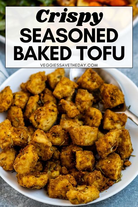 Learn how to make the best crispy seasoned baked tofu in 30 minutes. It's perfectly seasoned with rosemary, thyme, and nutritional yeast. Tofu Meals, Vegan Pesto Sauce, Nutritional Yeast Recipes, Tofu Recipes Vegan, Vegan Mac And Cheese, Crispy Tofu, Baked Tofu, Vegan Main Dishes, Vegan Meal Plans