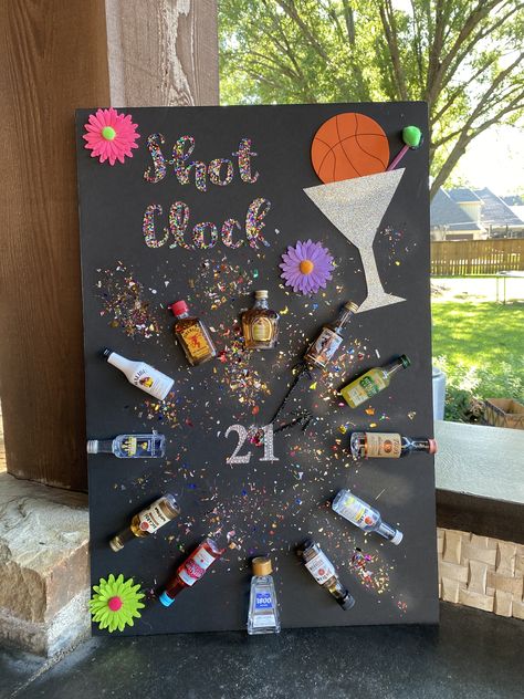 21st Bday Drinking Games, Bottle Service Theme Party, 21st Ideas Decorations, Birthday Gift Display Ideas, 21 St Birthday Party Games, Party Decor 21st Birthday, 21st Birthday Ideas Purple Theme, 21st Home Party Ideas, 21 St Birthday Decoration Ideas