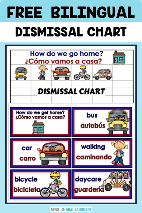 For the Bilingual or Dual Language Kindergarten or First Grade A dismissal chart to make the end of the day transportaion assignments easier to manage. Kindergarten Bilingual Classroom, Kindergarten Dual Language Classroom, Dual Language Prek Classroom, Spanish Literacy Centers Kindergarten, 1st Grade Dual Language Classroom, 1st Grade Bilingual Classroom, Dual Language Classroom Set Up, Gomez And Gomez Dual Language Classroom, Bilingual Classroom Labels