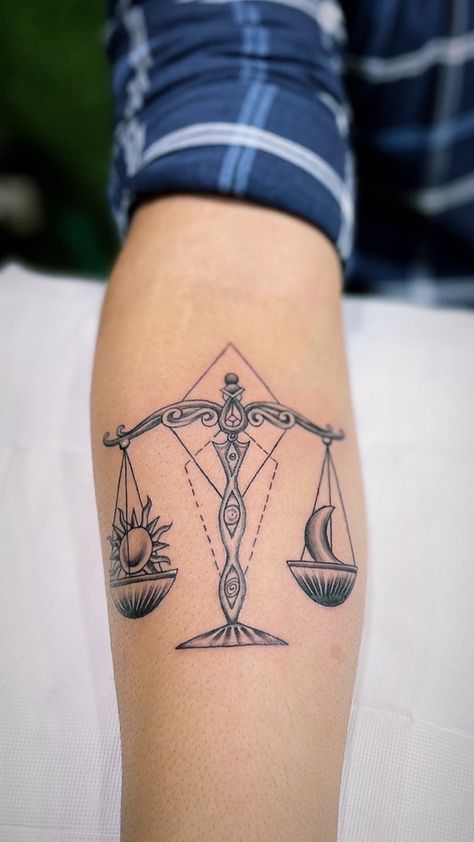 Egyptian Scale Tattoo, Fine Line Balance Scale Tattoo, Tattoos Representing Balance, Balance Scale Tattoo Design, Scales Tattoo Balance, Balance Scale Tattoo, Balance Tattoos, Balance Tattoo Ideas, Tattoo Balance