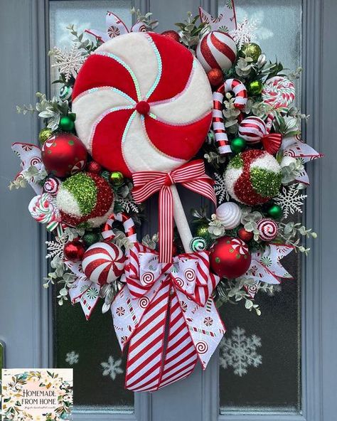 Homemade From Home 🏠 on Instagram: "Candy peppermint wreath 🍭 This stunning wreath measures approximately 60cm one off bespoke design ready for dispatch https://homemadefromhome.com #candy #candypeppermint #peppermint #christmasdoorwreath #christmas #christmasdecor #christmaswreath" Candy Themed Christmas Wreath, Candy Land Christmas Wreath, Peppermint Candy Crafts, Christmas Candy Wreath, Peppermint Christmas Decorations, Peppermint Wreath, Christmas Wreath Decor, Christmas Decorations Centerpiece, Christmas Peppermint