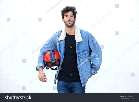 Jean Jacket Reference, Holding A Helmet Reference, Holding Helmet Pose Drawing, Person Holding Helmet Reference, Jacket Poses Reference, Holding Helmet Pose Reference, Holding Helmet Pose, Jacket Reference, General Clothes