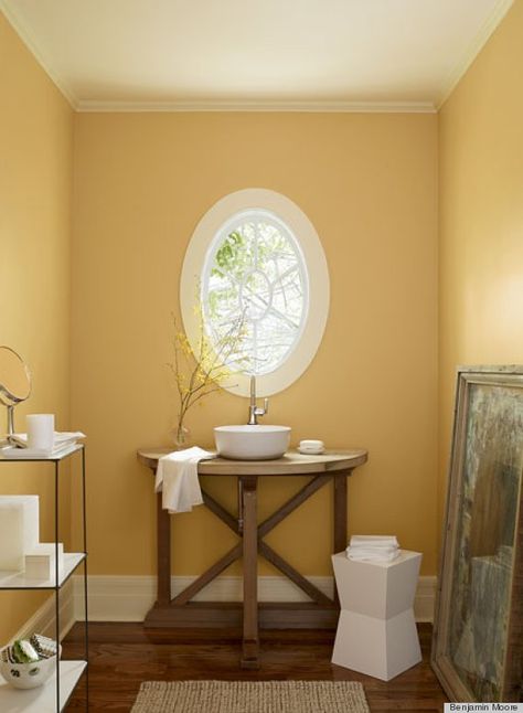 Benjamin Moore: "August Morning" | This color flatters all skin tones—good for a small bathroom | Link has some other colors as well Danish Farmhouse, Swiss Coffee Benjamin Moore, Best Interior Paint, Orange Rooms, Swiss Coffee, Orange Bathrooms, Interior Minimalista, Bathroom Paint Colors, Best Paint Colors