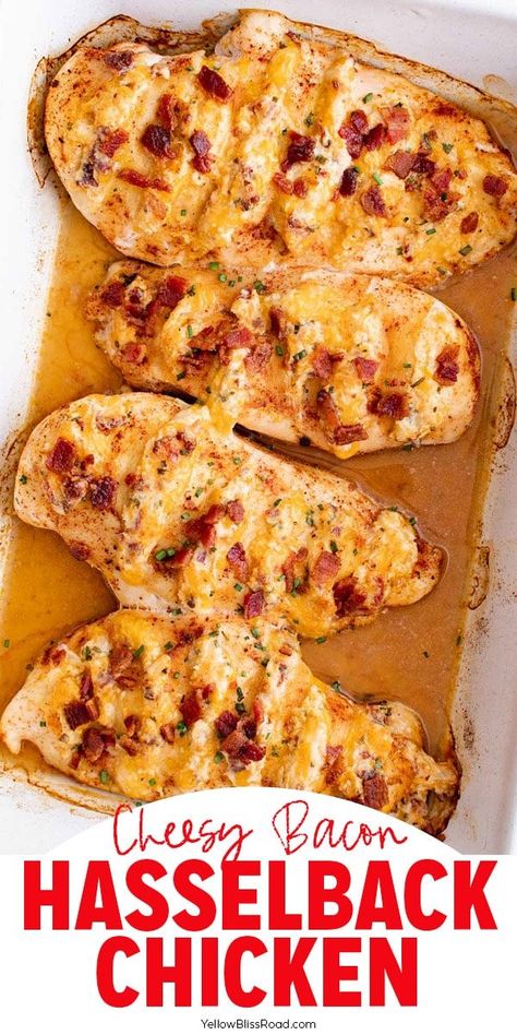 Cheesy Bacon Chicken, Chicken Bacon Recipes, Chicken Breast With Bacon, Chicken Breast Stuffed, Hasselback Chicken, Alfredo Bake, Baked Items, Cheese Stuffed Chicken Breast, Chicken Breast Recipes Baked