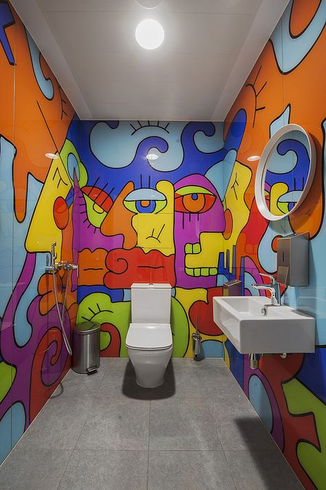 Swatch Group Offices – Moscow Office Mural Art, Studio Wall Design, Office Mural Design, Colorful Bathroom Design, Art Wall Design, Group Office, Colorful Bathroom, Office Wall Design, Architects Office