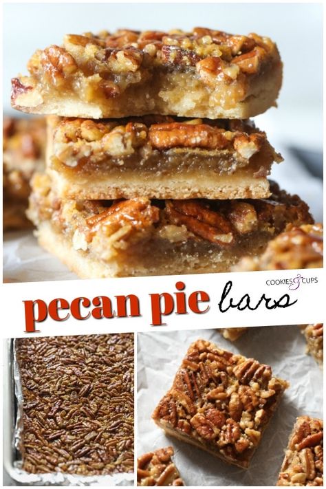 Pecan Pie Bars are an unfussy, easy way to enjoy Pecan Pie! A thick buttery shortbread crust topped with sweet filling and crunchy pecans...Pecan Pie you can eat with your hands! #cookiesandcups #pecanpie #pecanpiebars #thanksgiving #fallbaking #pecans #piebars #pierecipe Easy Pecan Pie Bars, Pecan Bars Recipe, Pecan Pie Bars Easy, Easy Pecan Pie, Pie Bars Recipe, Pecan Pie Bars Recipe, Pecan Desserts, Pecan Pie Easy, Favorite Pie Recipes