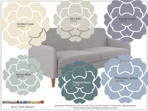 What Paint Colors Go With Gray Furniture: Updated | Decorating by Donna • Intuitive Color Expert Colors Go With Gray, Colors That Compliment Grey, Colours That Go With Grey, Light Gray Couch, Gray Painted Furniture, Gray Furniture, Painted Furniture Colors, Accent Colors For Gray, Paint Color Schemes