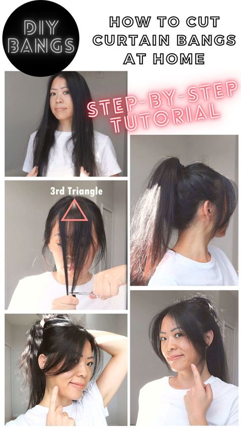 Simple Hairstyles for Beginners: Easy to Follow Cut Your Own Curtain Bangs, Diy Curtain Bangs, Curtain Bangs At Home, Cut Bangs Tutorial, How To Cut Fringe, Cut Side Bangs, Bangs At Home, Diy Curtain, Full Fringe