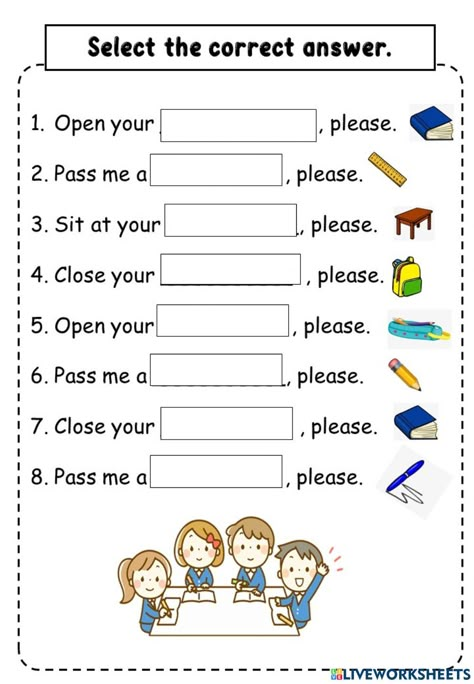 Imperatives online worksheet for CEFR Year 1. You can do the exercises online or download the worksheet as pdf. English Year 1 Worksheet, Fun Activities Worksheets, English Year 1, Primary 1 English Worksheet, Giving Instructions Worksheets, My Classroom Worksheets, In The Classroom Worksheet, Classroom Instructions, Year One English Worksheets