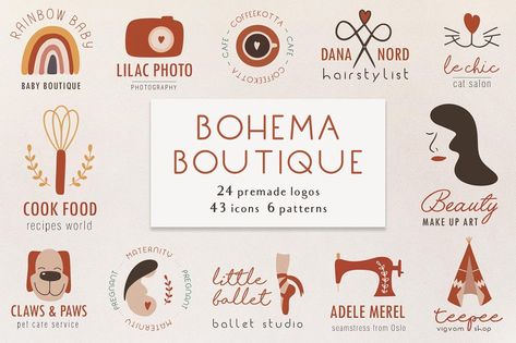 **Bohema boutique logos**  I'm happy to present **Bohema boutique logos** – hand drawn premade logo templates, icons, patterns collection. This Pack Includes 24 premade logos that you can modify as you want to create your logo design. This Bohema boutique logos is perfect for both web and print logos, social media, blog, branding and much more!  This Pack includes editable logos in AI/EPS/PSD files. Any logo can be edit using Adobe Photoshop or Adobe Illustrator. With this files, you can edit th Bohemian Icons, Boutique Logos, Bohemian Logo, Bohemian Kids, Premade Logo Templates, Free Logo Templates, Logo Bundle, Hand Logo, Boutique Logo