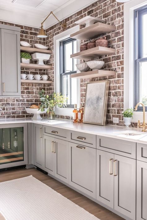 Kitchen With Brick, Brick Kitchen Backsplash, Brick Backsplash Kitchen, Green Kitchen Designs, Galley Kitchen Design, Grey Kitchen Designs, Brick Kitchen, Brick Backsplash, Timeless Kitchen