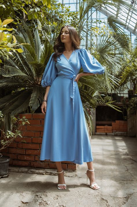 Sky Blue Wedding Guest Dress, Light Blue Dress With Sleeves, Sky Blue Colour Dress, Sky Blue Dress Outfit, Pastel Color Dresses, Blue Dress Sleeves, Flowy Wedding Guest Dress, Blue Dress Modest, Pastel Dress Outfit