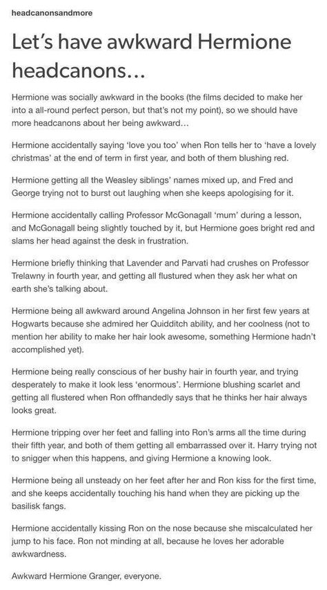 Hermione Granger Headcanon, Hermione Headcanon, Hermione Granger Book, Harry Potter Headcannons The Marauders, Wolfstar Harry, Romione Headcanon, Peeves Harry Potter, Book Hermione, Room Of Requirement