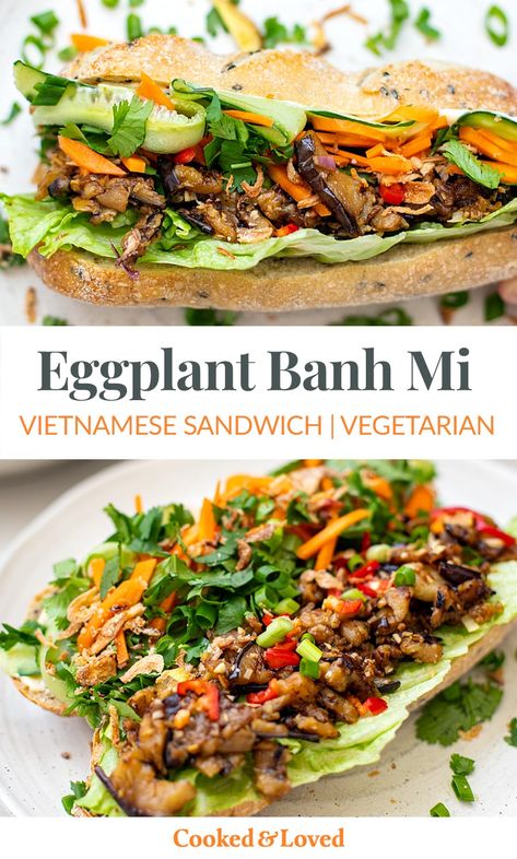 Banh Mi Bowl, Banh Mi Sandwich Recipe, Crunchy Vegetables, Banh Mi Sandwich, Fried Eggplant, Pickled Carrots, Vegetarian Sandwich, Vegan Sandwich, Banh Mi