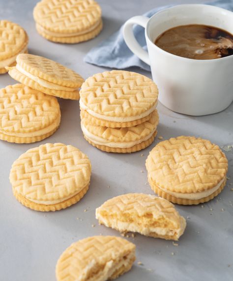 In the United Kingdom, these cookies are as beloved as Oreos or Oatmeal Cream Pies are in the United States. One bite of these, and you’ll understand the fanfare. Custard powder makes the butter-rich shortbread dough even richer. We sandwiched these ornate cookies with a custard powder buttercream, driving home that custard flavor. Save Recipe Print Custard Crème Cookies   Makes 13 sandwich cookies Ingredients … Custard Cookies, Cookie Sandwich, Sandwich Cookie, Baking Projects, Oatmeal Cream Pies, Cutout Cookies, Cream Biscuits, Cream Pies, Cookies Bars