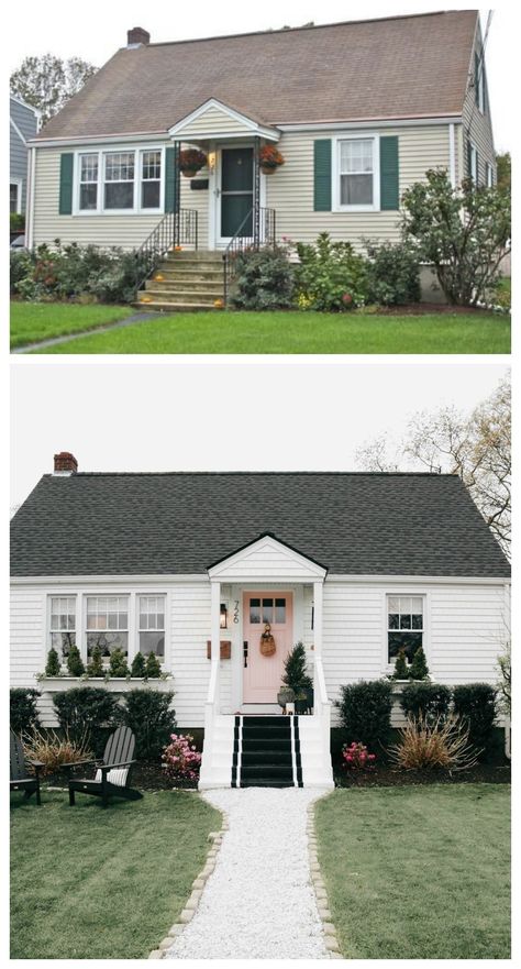 Exterior Curb Appeal-New Roof and Back Door - Nesting With Grace Front Porch Ideas Before And After, Uneven Windows Exterior, 1950 Home Exterior, Colored Doors On White Houses, Starter Home Landscaping, Small House Front Porch, Small House Curb Appeal, Flipped Houses, 40s House