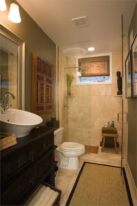 Green Bathroom Colors, Bathroom Zen, Zen Bathrooms, Tan Bathroom, Spa Bathroom Design, Zen Bathroom Decor, Asian Bathroom, Dark Green Bathrooms, Bali Style Home