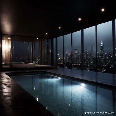 Pool Dark Aesthetic, Dark Penthouse, Black Luxury House, Mob Aesthetic, Mafia House Aesthetic, Dark House Aesthetic, Penthouse Aesthetic, Devil In Disguise, San Myshuno