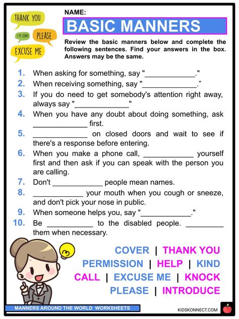 Manners Around the World Facts, Worksheets, Common & Unique for Kids Manners Worksheets For Kids, Good Manners Worksheets For Kids, Good Manners For Kids Activities, Manners Worksheet, Etiquette For Kids, Manners Activities, Teaching Kids Manners, World Facts, Preschool Assessment