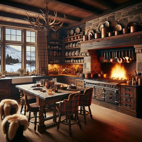 Experience a cozy cabin kitchen with a rustic wooden table, plaid chairs, a stone fireplace, and antique wood cabinets. Enjoy the winter view while cozying up in a reading nook by a faux fur rug. #CozyCabinKitchen #RusticWood #Fireplace #WinterCabin #ReadingNook #FauxFurRug Rustic Kitchen With Fireplace, Cozy Cabin In The Woods Interiors, Winter Cabin Kitchen, Small Log Cabin Homes Interior, Cabins In The Woods Interior, Cozy Cabin Kitchen, Mountain Inspiration, Chalet Kitchen, Cabin Homes Interior