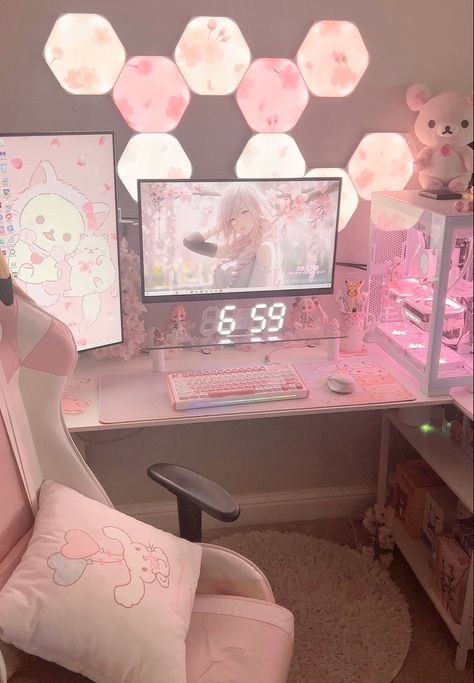 Pink Gaming Setup Ideas, Pink Gaming Set Up, Pink Set Up, Kawaii Desk Setup, Room Ideas Gaming, Cute Gaming Setup, Kawaii Setup, Pink Futuristic, Pink Gaming Setup