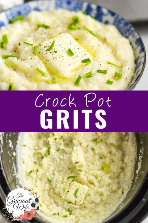 These easy Crockpot Grits are the creamiest and best southern-style grits you will ever have. Grits are a southern staple and these are slow cooked to perfection with a swirl of cream and butter. Crockpot Grits Overnight, Crockpot Grits With Cream Cheese, Grits Casserole Crockpot, Crockpot Grits For A Crowd, Grits In Crockpot, Crock Pot Cheese Grits, Crockpot Grits Slow Cooker, Crock Pot Grits, Crockpot Cheese Grits Overnight