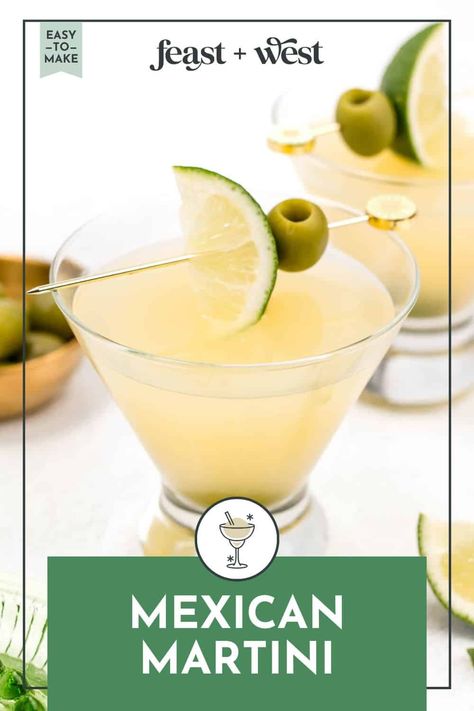 A twist on the classic margarita, the Mexican Martini is a perfect blend of tequila, orange liqueur, lime juice plus garnished with olives. Mexican Martini Recipe, Frozen Drinks Alcohol, Margarita Martini, Sweet Cocktail, Breakfast Cocktails, Martini Ingredients, Olive Brine, Classic Martini, Orange Liqueur