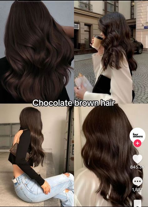 Dark Brown Solid Hair Color, Hair Color Ideas Dark Brown Highlights, Hershey Chocolate Hair Color, Dark Brown Hair Color Inspiration, Soft Chocolate Hair Color, Long Dark Brown Wavy Hair Natural, What Color Hair For Brown Eyes, Glazed Chocolate Brown Hair, Pretty Hair Colors For Brunettes