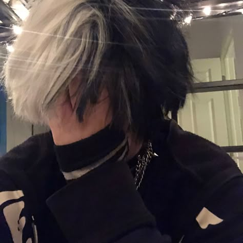 Half Black Half White Hair Men, Black And White Hair Guy, Black Hair With White Highlights Men, Boy Dyed Hair, Split Dyed Hair Boy, Half White Half Black Hair, Hair Dye Ideas Men, White Hair Men, Black And White Hair