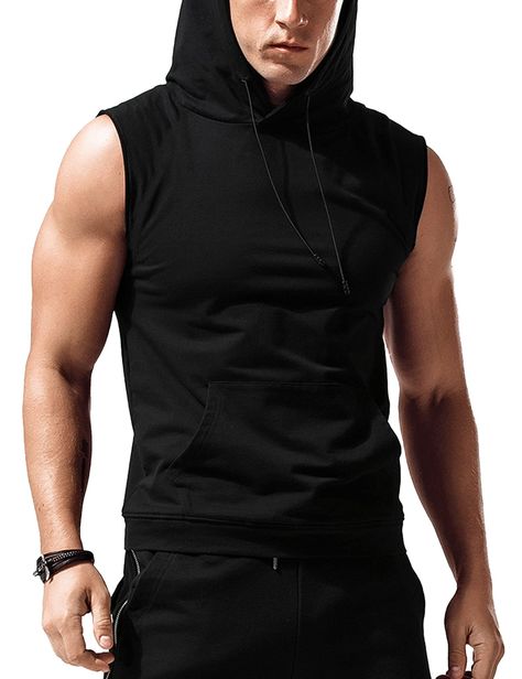 PRICES MAY VARY. 65% Cotton, 30% Polyester, 5% Spandex Pull On closure Do Not Bleach PREMIUM MATERIAL:Soft Fabric.breathable and stretchy,sweat-wicking,keep you dry and comfortable. provides maximum moving and breathability during your workout UNIQUE DESIGN:Mens hooded muscle gym shirt is designed for motion freedom,sleeveless design,solid colors,and a practical kangaroo pocket in front can store your belongs,and the fitted and neat cut off ,The elastic ribbed hem design of the top,allows greate Sleeveless Hoodie Men, Gym Hoodies, Mens Workout Tank Tops, Tank Top Gym, Men's Workout, Gym Hoodie, Gym Shirt, Gym Tank Tops, Fitness Bodybuilding