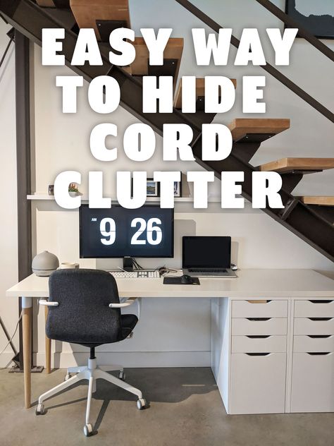 Easy way to hide computer cords and cables at your home office. Simple DIY project that hides the clutter. Hide Cables Desk Home Office, How To Hide Computer Cords On Desk, Desk Cord Organization, Hide Computer Cords, Hide Electrical Cords, Ikea Computer Desk, Hide Router, Ikea Alex Desk, Cord Hider