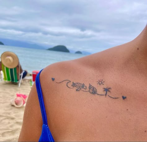 Beach Collar Bone Tattoo, Beach Aesthetic Tattoo Ideas, Beach Idea Tattoos, Forearm Beach Tattoo Women, Tattoos To Get At The Beach, Beach Girl Tattoo Ideas, Best Friend Beach Tattoos, Tattoo Ideas Female Beach, Beach Girl Tattoo