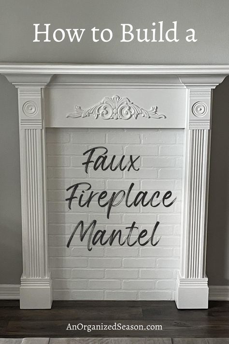 Fireplace Mantle Without Fireplace, Faux Mantle In Bedroom, Diy Vintage Mantle, How To Make A Fireplace Surround, Diy Victorian Fireplace, How To Build A Faux Fireplace, Small Diy Fireplace, Making A Fireplace Mantle, Faux Mantle Ideas Diy