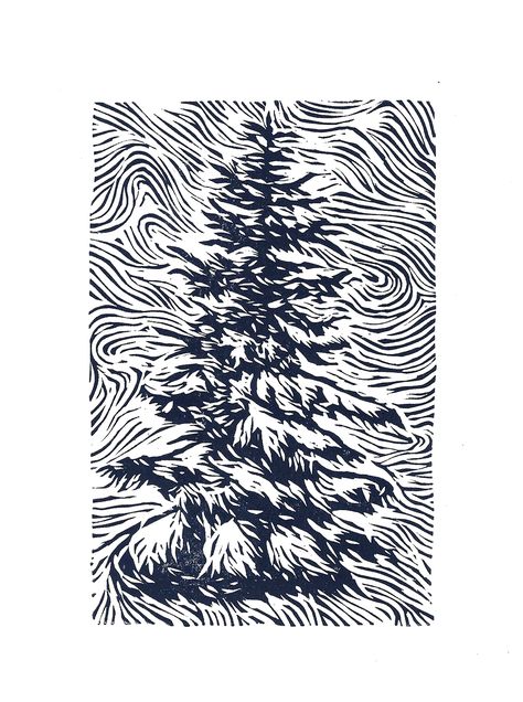 Linocut handmade mini print "X-mas tree"  with a vibrant visual effect. Mishima Pottery, Tree Linocut, Lino Cuts, Retro Painting, Lino Art, Snow Art, Scratch Art, Linocut Art, Sgraffito