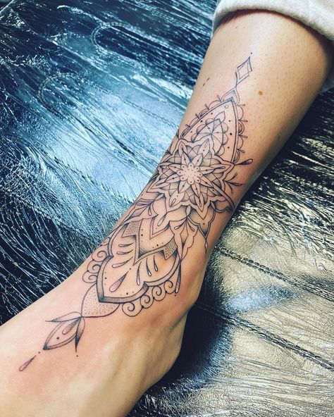 Mandala Tattoo With Names, Womens Mandala Tattoo, Mandala Ankle Tattoo Wrap Around, Lower Shin Tattoo, Foot Mandala Tattoo, Ankle Sleeve Tattoo, Ankle Mandala Tattoo, Mandala Ankle Tattoo, Front Ankle Tattoo