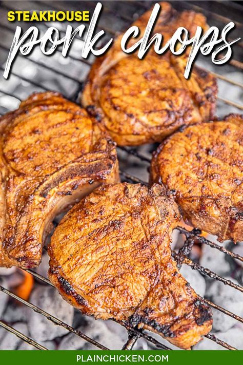 Steakhouse Pork Chops - hands down the BEST pork chops we've ever eaten!! Ridiculously easy to make! Marinate pork chops in steak seasoning and Worcestershire sauce then sprinkle with a delicious steakhouse rub of brown sugar, salt, garlic powder, onion powder, cumin, black pepper, cayenne pepper, and dry mustard. Ready to eat in under an hour! We made these twice in one week!! Our go-to pork chop recipe! Steakhouse Pork Chops, Pork Chop Brine, Pork Cooking Temperature, Marinated Pork Chops, Pork Chop Recipes Baked, Plain Chicken, Grilled Pork Chops, Marinated Pork, Boneless Pork Chops