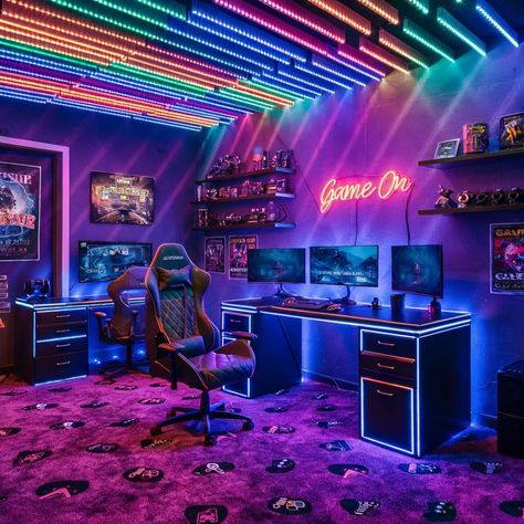 A visually striking and immersive gamer's room interior design illuminated by a dynamic array of LED lights. The room features a large, comfortable gaming chair with a built-in light show, a sleek gaming desk with a light-up surface, and multiple monitors in various sizes. The walls are adorned with custom-printed game posters and shelves filled with gaming collectibles. The floor is covered in plush carpeting with a pattern of game controller icons. A neon sign reading "Game On" hangs above. Game Room Ideas, Game Posters, Hangout Room, Setup Gamer, Game Room Basement, Dream Video, Teen Boy Room, Pc Gaming Setup, Game Streaming